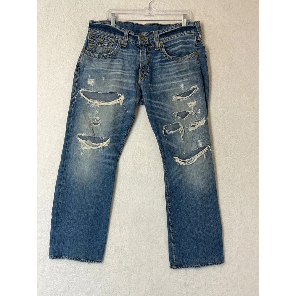 True Religion Mens Distressed Straight Leg Jeans Blue Medium Wash Size 34 AD44